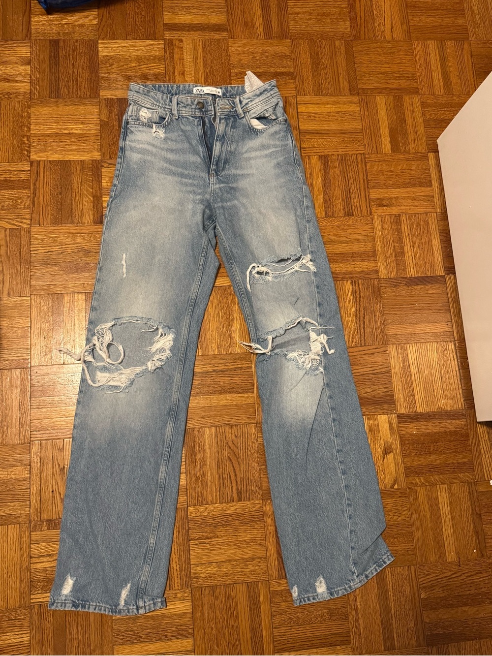 Zara Light Blue Distressed Wide-Leg Jeans